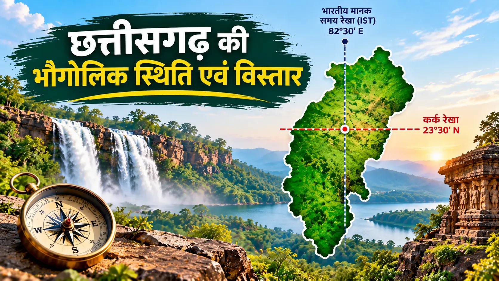छत्तीसगढ़ की भौगोलिक स्थिति एवं विस्तार: कर्क रेखा, IST और महत्वपूर्ण भौगोलिक बिंदु